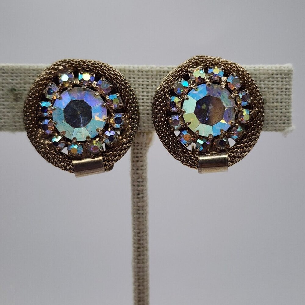 Vintage Weiss Mesh Rhinestone Earrings Aurora Borealis Gold Tone
